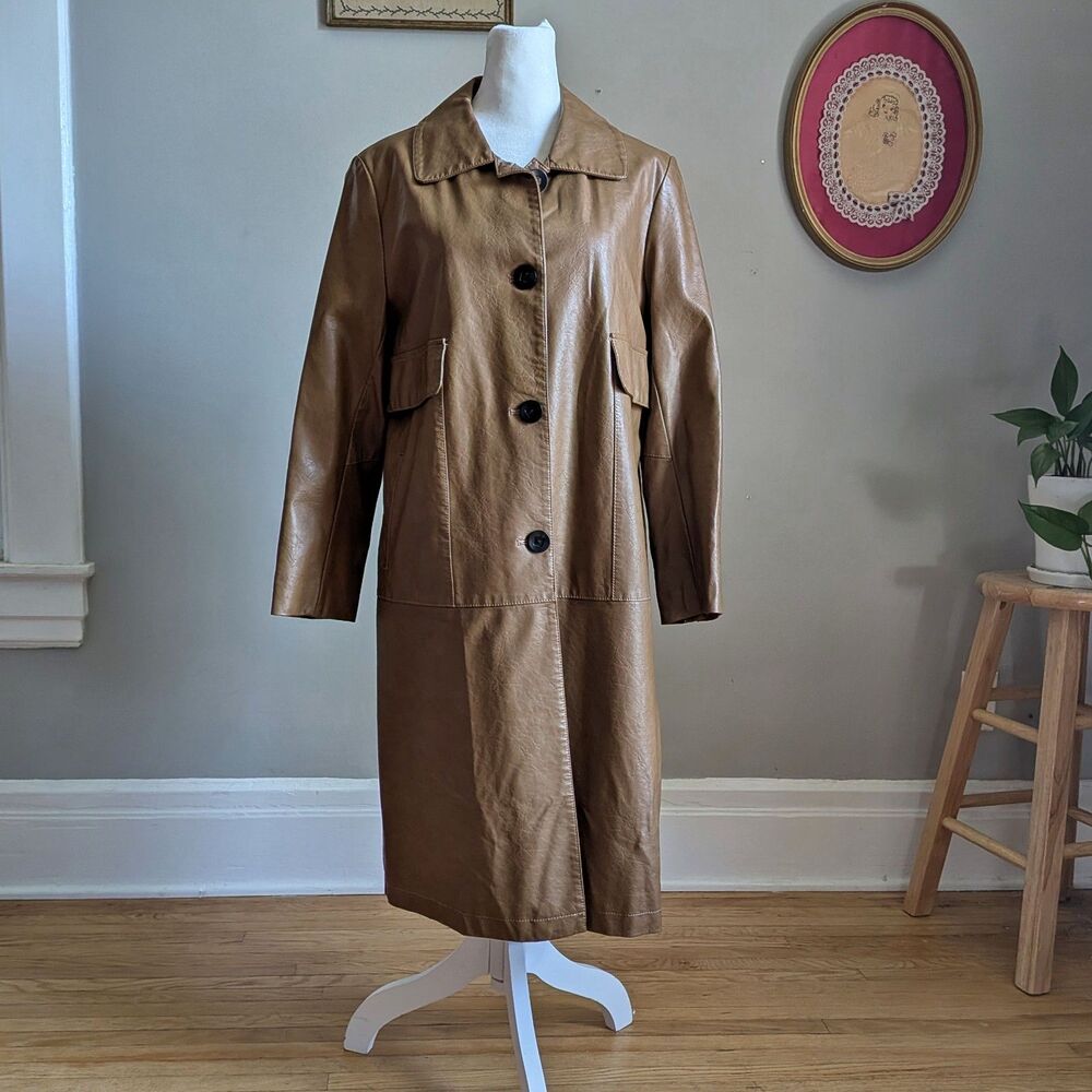 Vintage Y2K Dianzhi Faux Leather Trench Coat Jacket Longline Brown Size 11